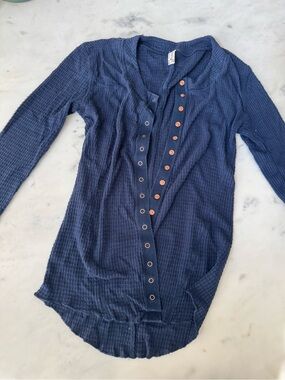 Free People Navy Blue Waffle Knit Snap Front Top